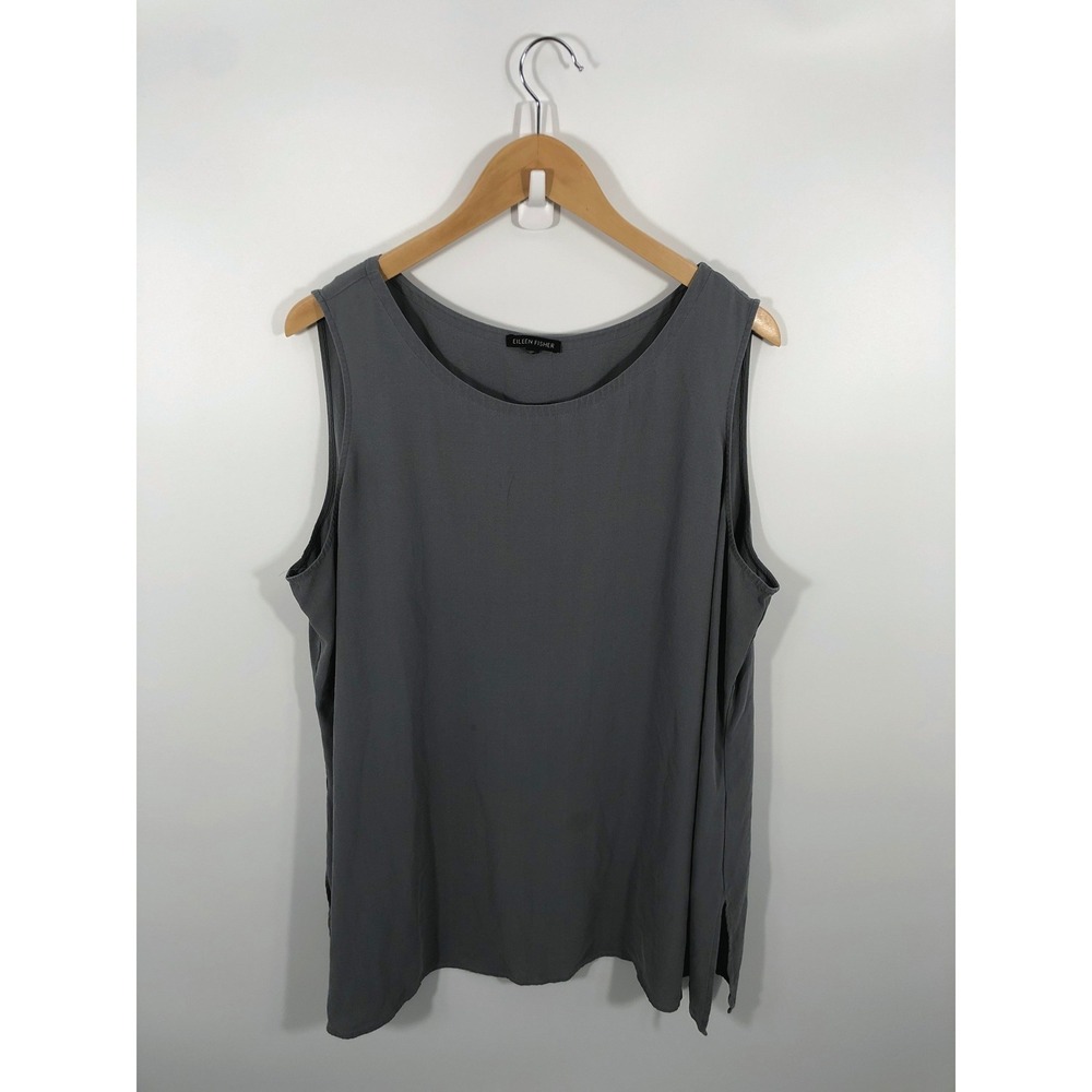 Eileen Fisher Georgette 100% Silk Sleeveless Shell Tunic Top 2X Gray Lagenlook